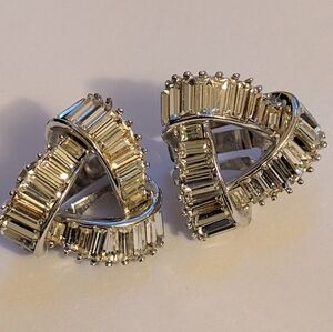 Vintage Signed Marcel Boucher 7214 Knot Clip-On Earrings 1959 Baguette Rhineston